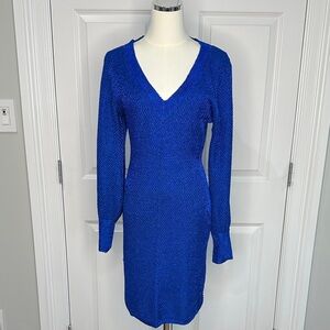 NWT Fashion Nova Royal Blue Cobalt V-Neck Knit Bodycon Sweater Mini Dress Size L
